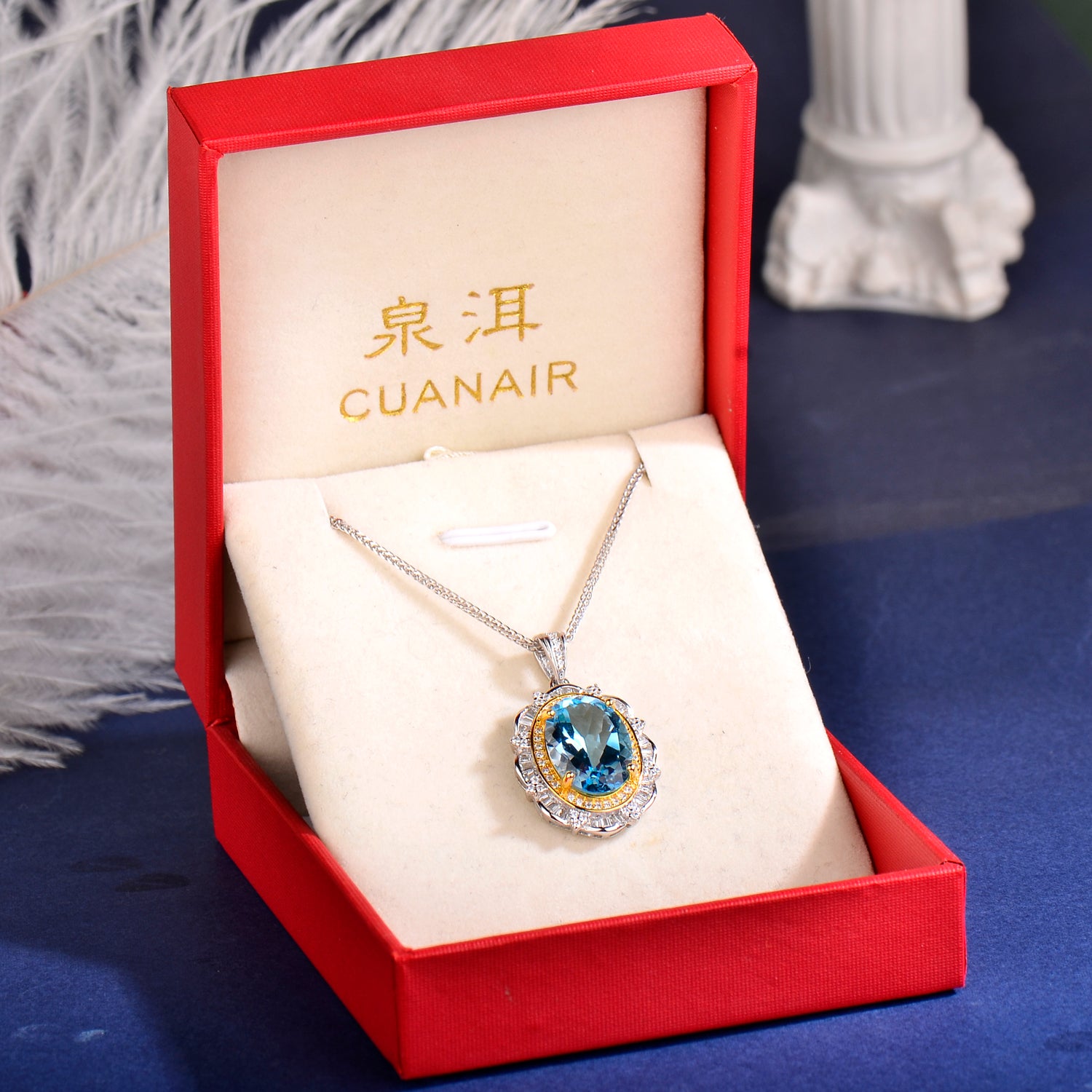 Natural Blue Topaz Oval Pendant Necklace in S925 Sterling Silver – Elegant Sky Blue Gemstone Halo Necklace for Women – Gift for Birthday, Anniversary & Christmas