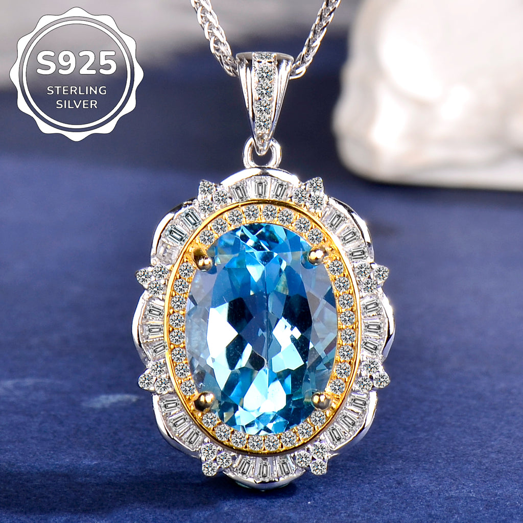 Natural Blue Topaz Oval Pendant Necklace in S925 Sterling Silver – Elegant Sky Blue Gemstone Halo Necklace for Women – Gift for Birthday, Anniversary & Christmas