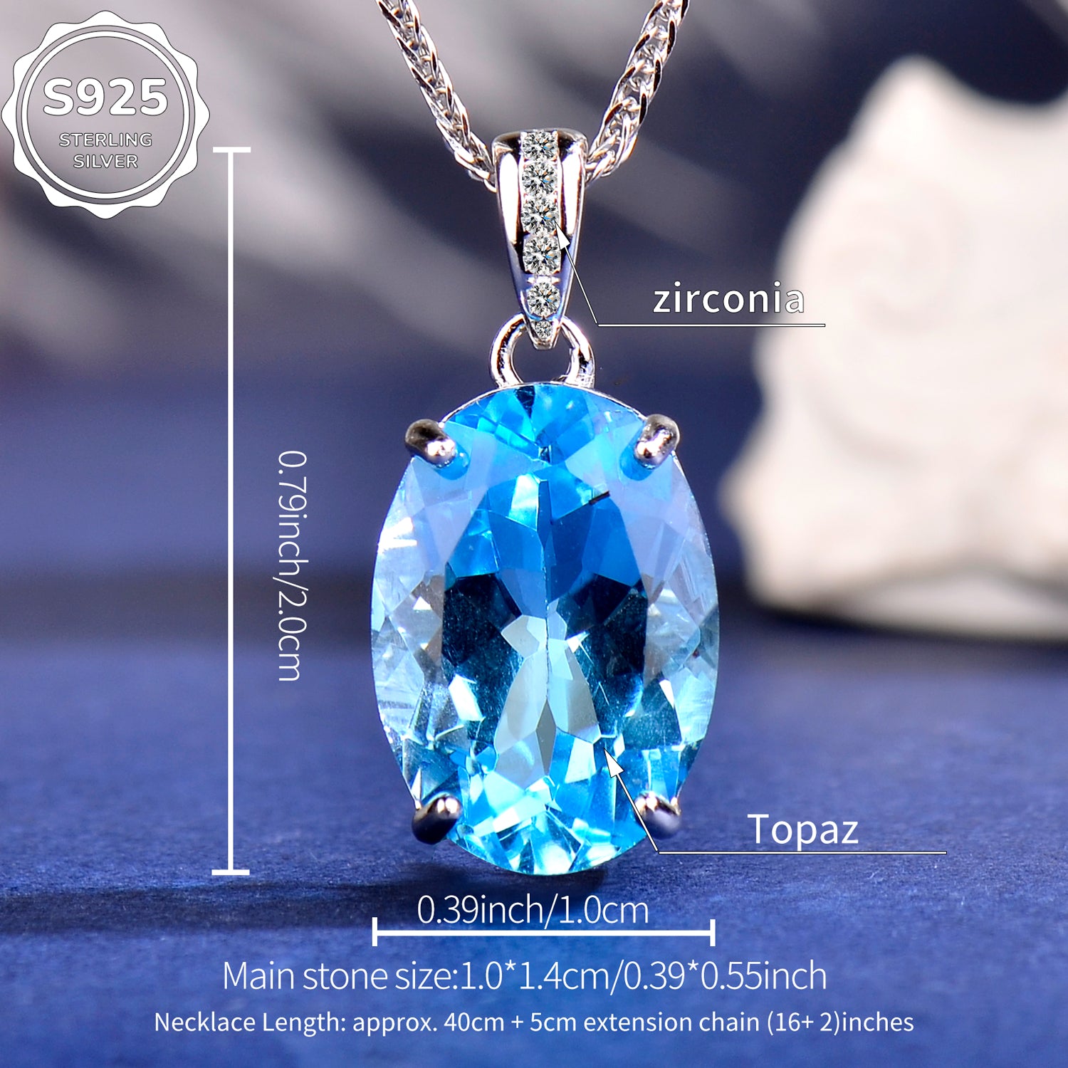 925 Sterling Silver Blue Topaz Pendant Necklace for Women – Elegant Gemstone Jewelry Gift for Her