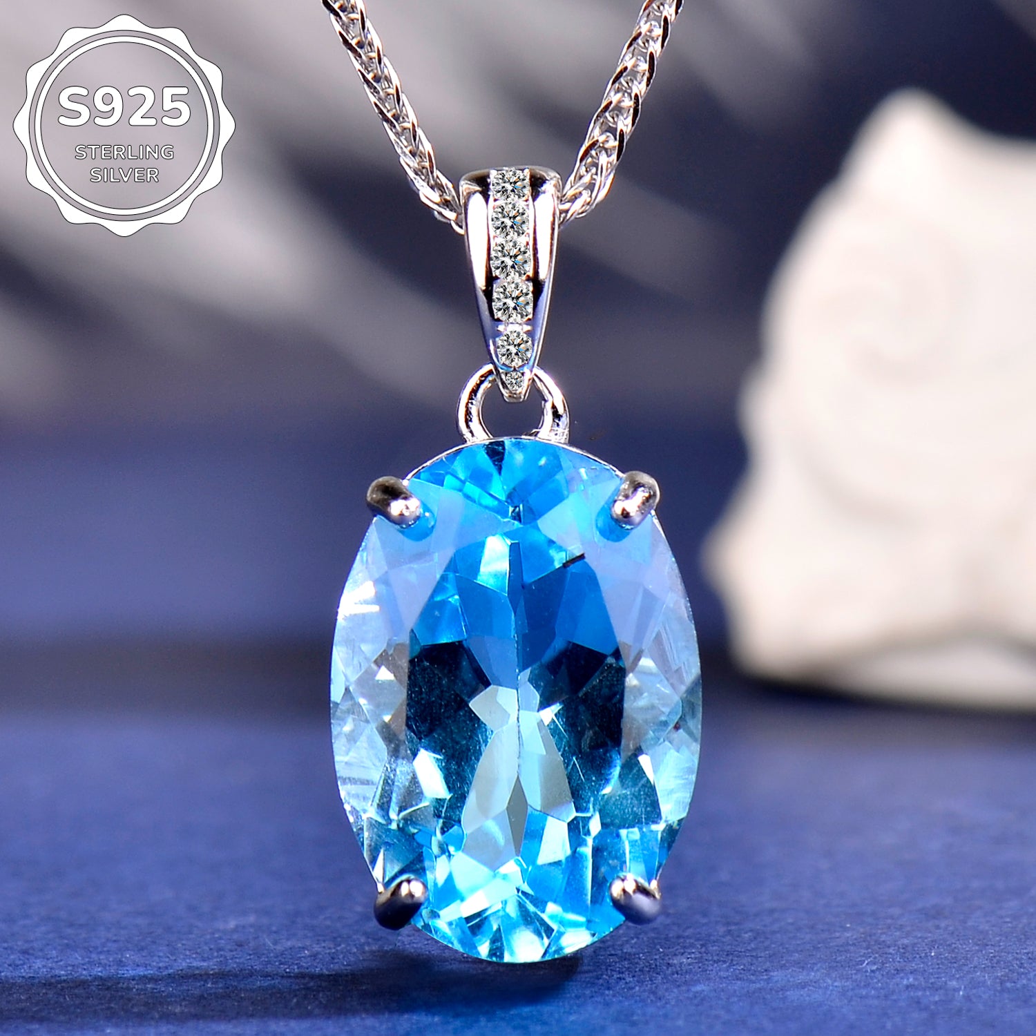 925 Sterling Silver Blue Topaz Pendant Necklace for Women – Elegant Gemstone Jewelry Gift for Her