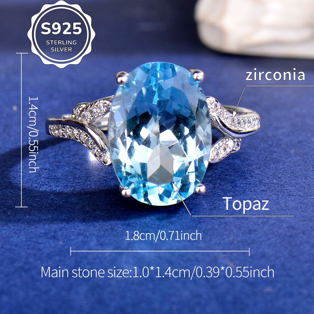 Natural Blue Topaz Ring, 925 Sterling Silver Adjustable Gemstone Statement Ring with Cubic Zirconia Accent, Elegant Anniversary & Birthday Gift for Her