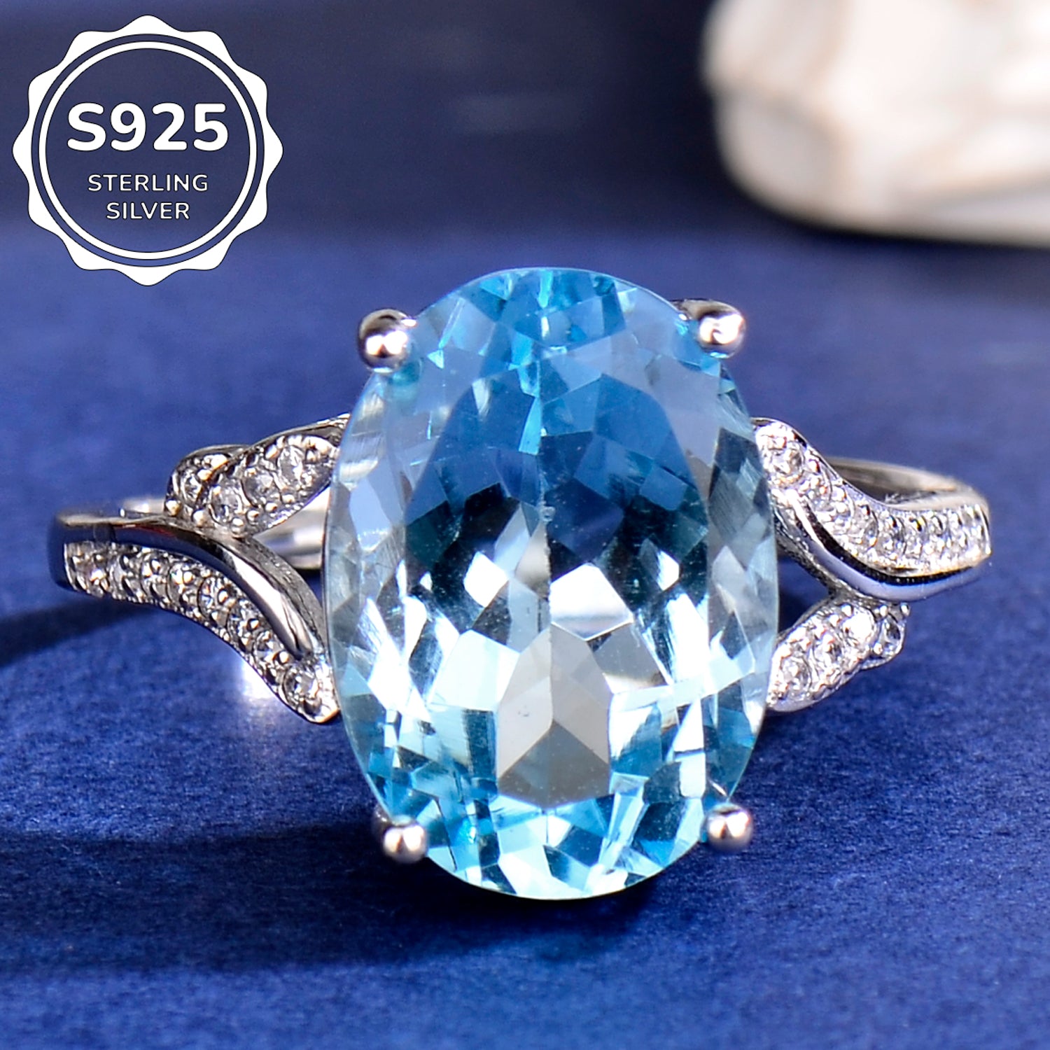Natural Blue Topaz Ring, 925 Sterling Silver Adjustable Gemstone Statement Ring with Cubic Zirconia Accent, Elegant Anniversary & Birthday Gift for Her