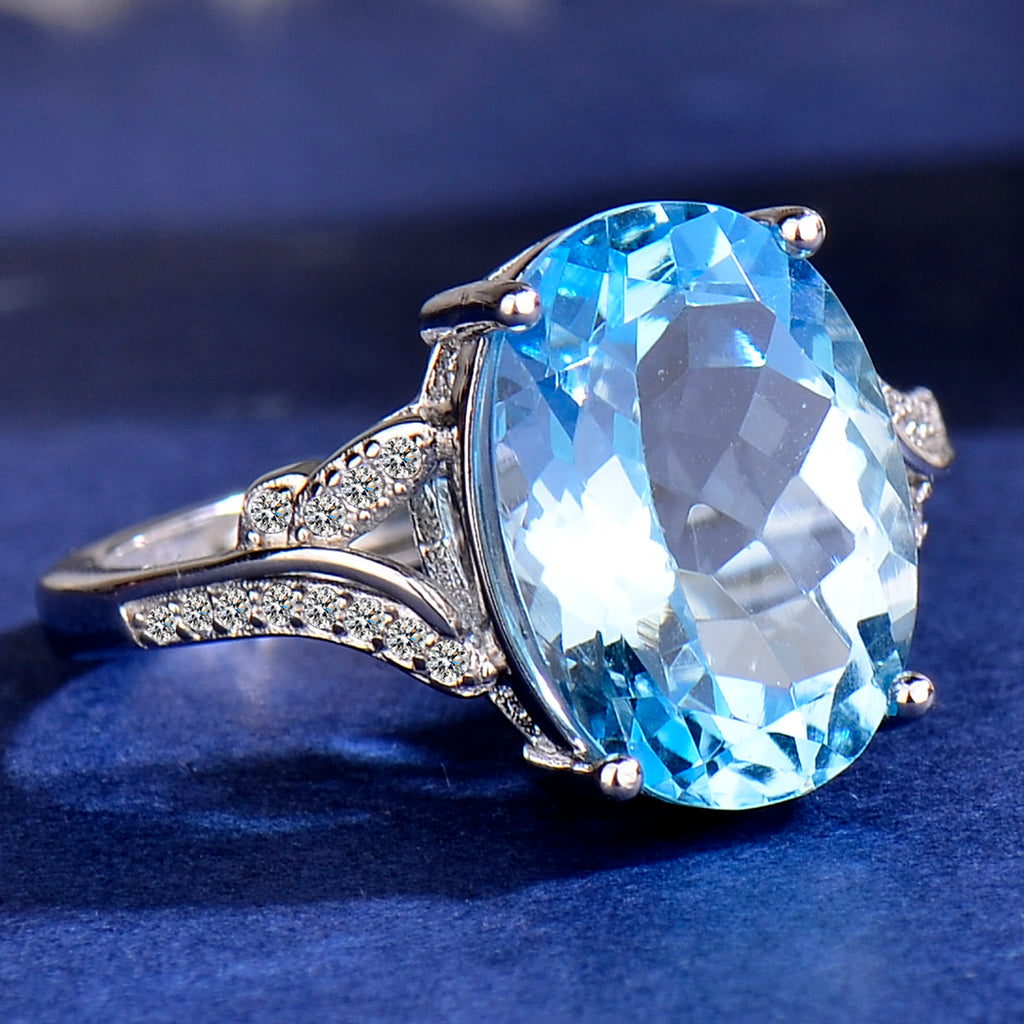 Natural Blue Topaz Ring, 925 Sterling Silver Adjustable Gemstone Statement Ring with Cubic Zirconia Accent, Elegant Anniversary & Birthday Gift for Her