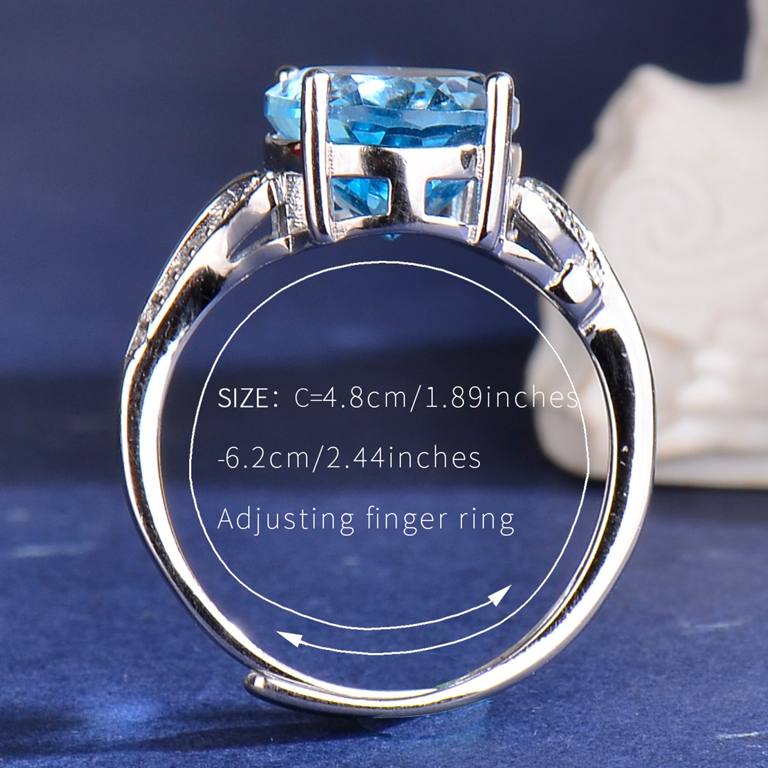 Natural Blue Topaz Ring, 925 Sterling Silver Adjustable Gemstone Statement Ring with Cubic Zirconia Accent, Elegant Anniversary & Birthday Gift for Her