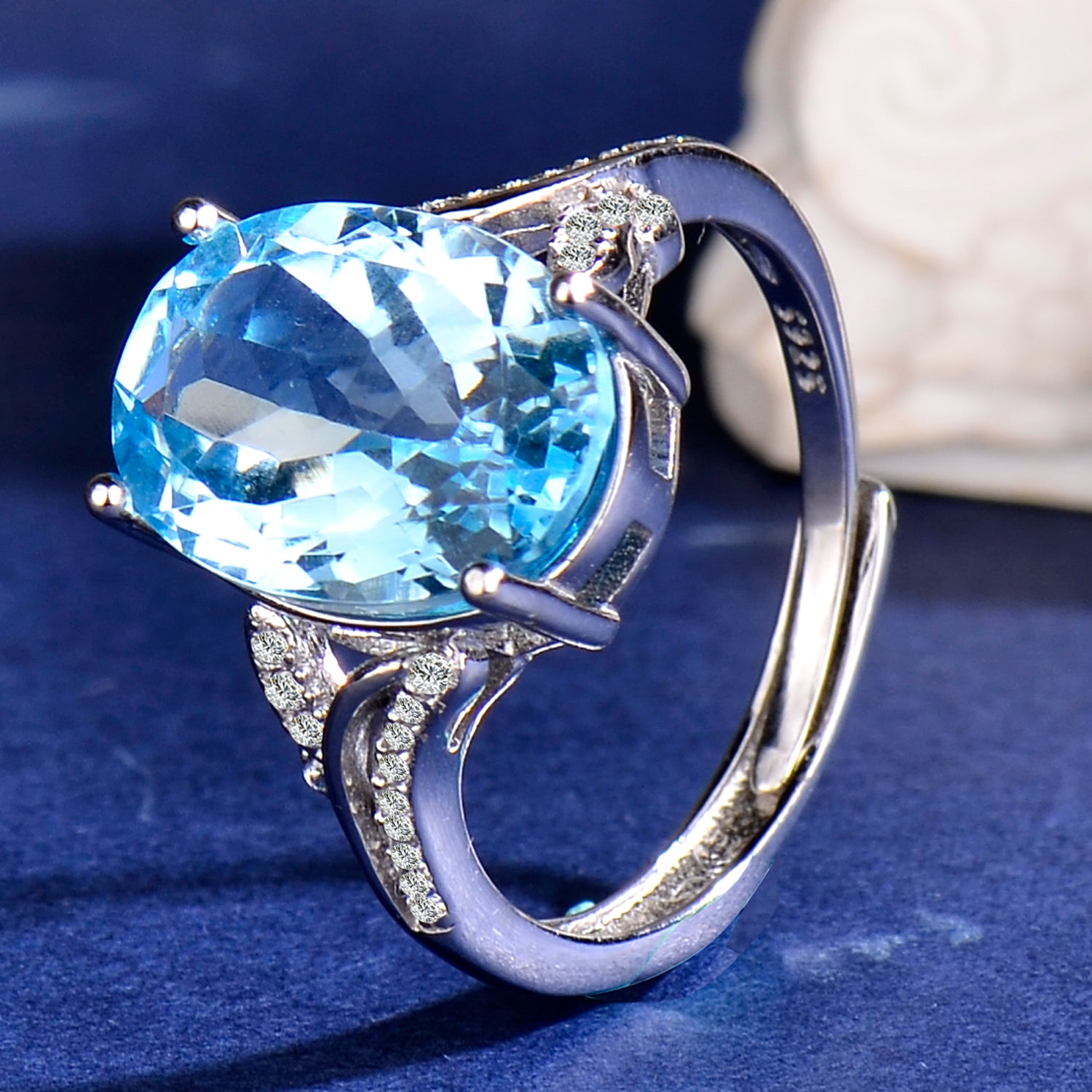 Natural Blue Topaz Ring, 925 Sterling Silver Adjustable Gemstone Statement Ring with Cubic Zirconia Accent, Elegant Anniversary & Birthday Gift for Her