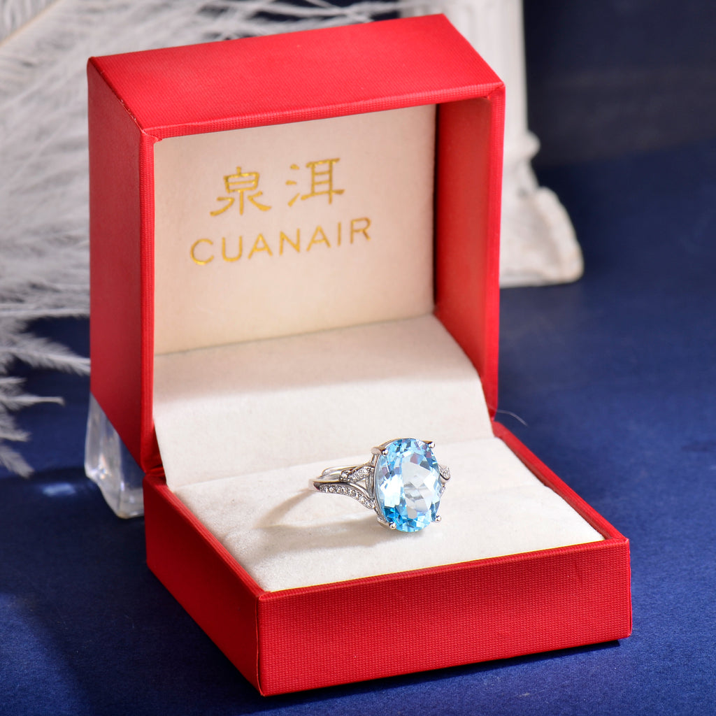 Natural Blue Topaz Ring, 925 Sterling Silver Adjustable Gemstone Statement Ring with Cubic Zirconia Accent, Elegant Anniversary & Birthday Gift for Her