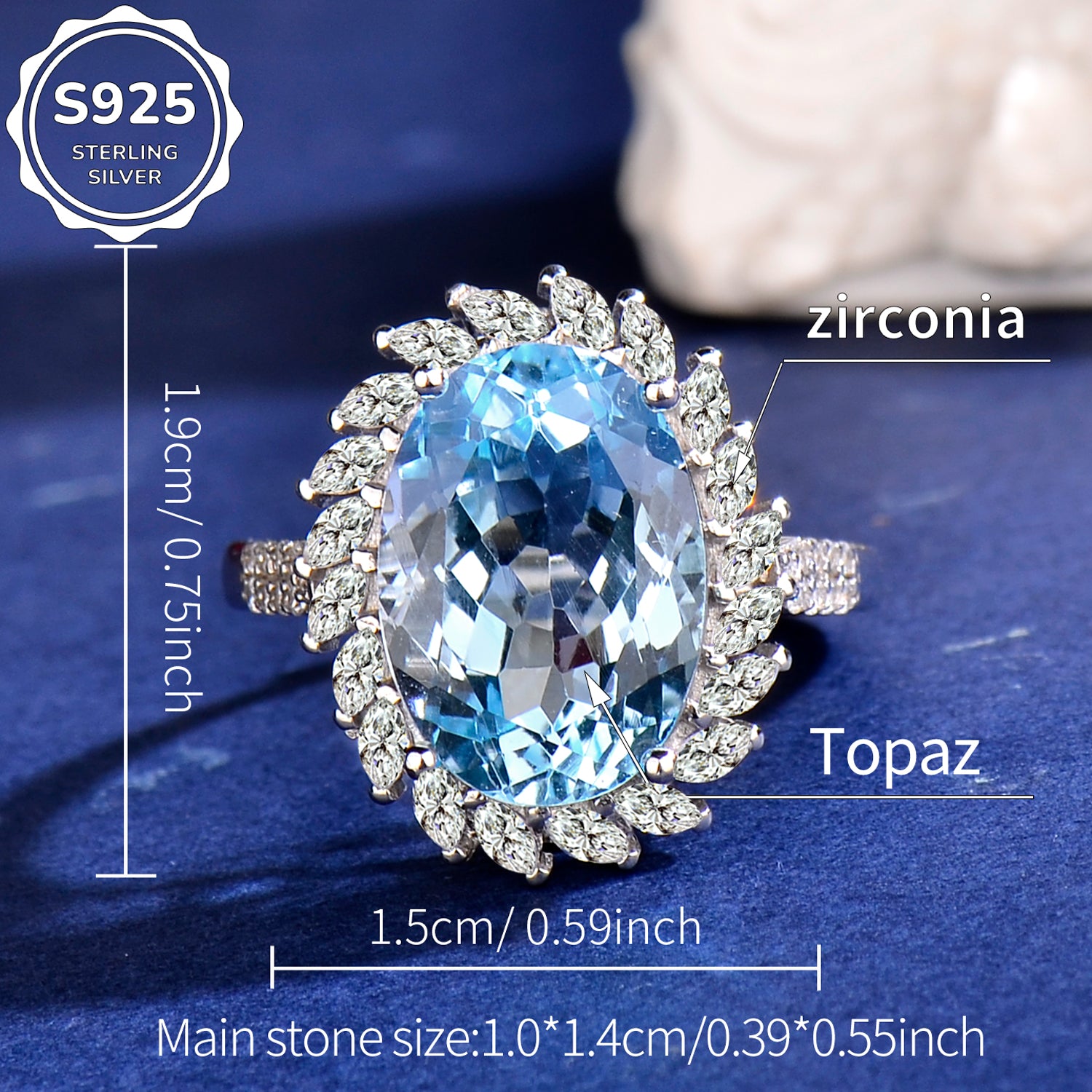 Elegant Natural Blue Topaz Ring in 925 Sterling Silver – Adjustable Luxury Gemstone Statement Ring | Perfect Gift for Valentine’s Day, Mother’s Day, Birthday & Christmas
