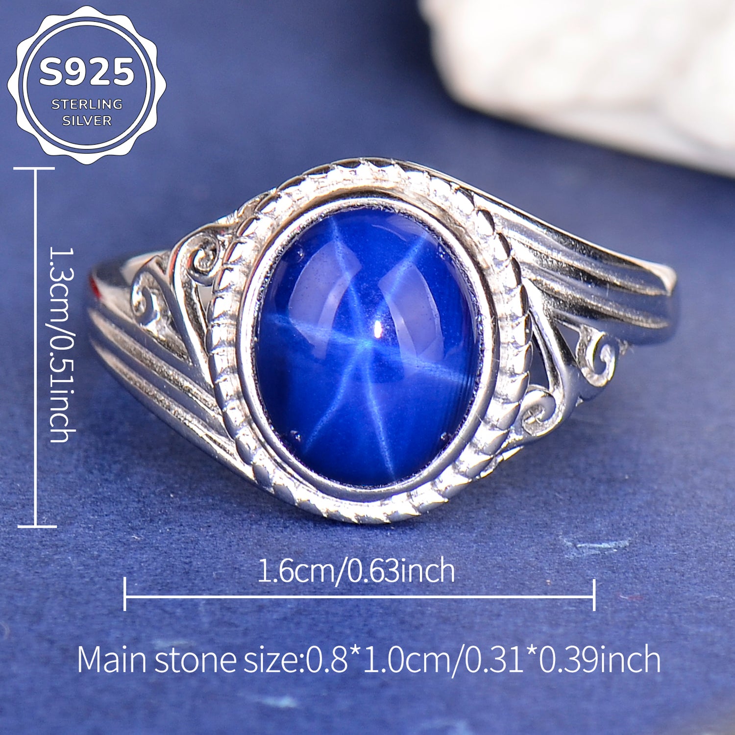 Elegant Synthetic Blue Star Sapphire Ring in 925 Sterling Silver, Adjustable Oval Gemstone Ring for Women, Luxury Gift for Wife & Mom