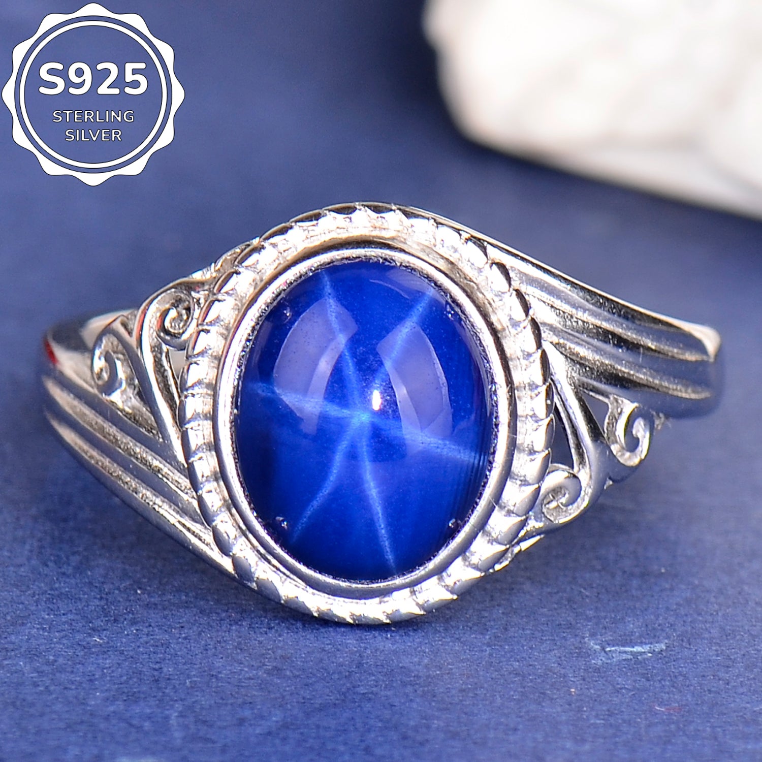 Elegant Synthetic Blue Star Sapphire Ring in 925 Sterling Silver, Adjustable Oval Gemstone Ring for Women, Luxury Gift for Wife & Mom