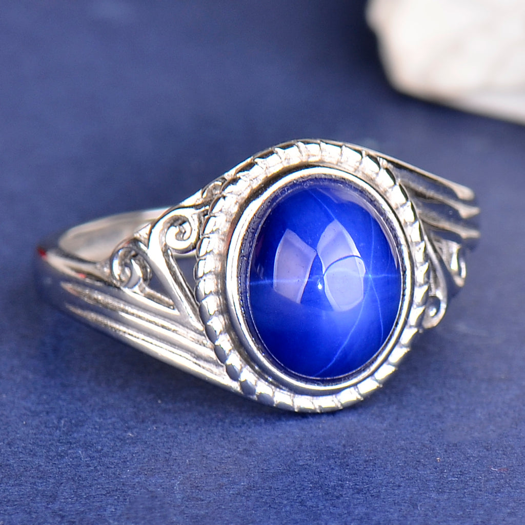 Elegant Synthetic Blue Star Sapphire Ring in 925 Sterling Silver, Adjustable Oval Gemstone Ring for Women, Luxury Gift for Wife & Mom