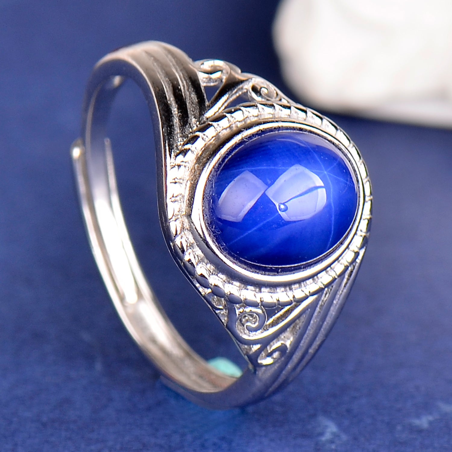 Elegant Synthetic Blue Star Sapphire Ring in 925 Sterling Silver, Adjustable Oval Gemstone Ring for Women, Luxury Gift for Wife & Mom