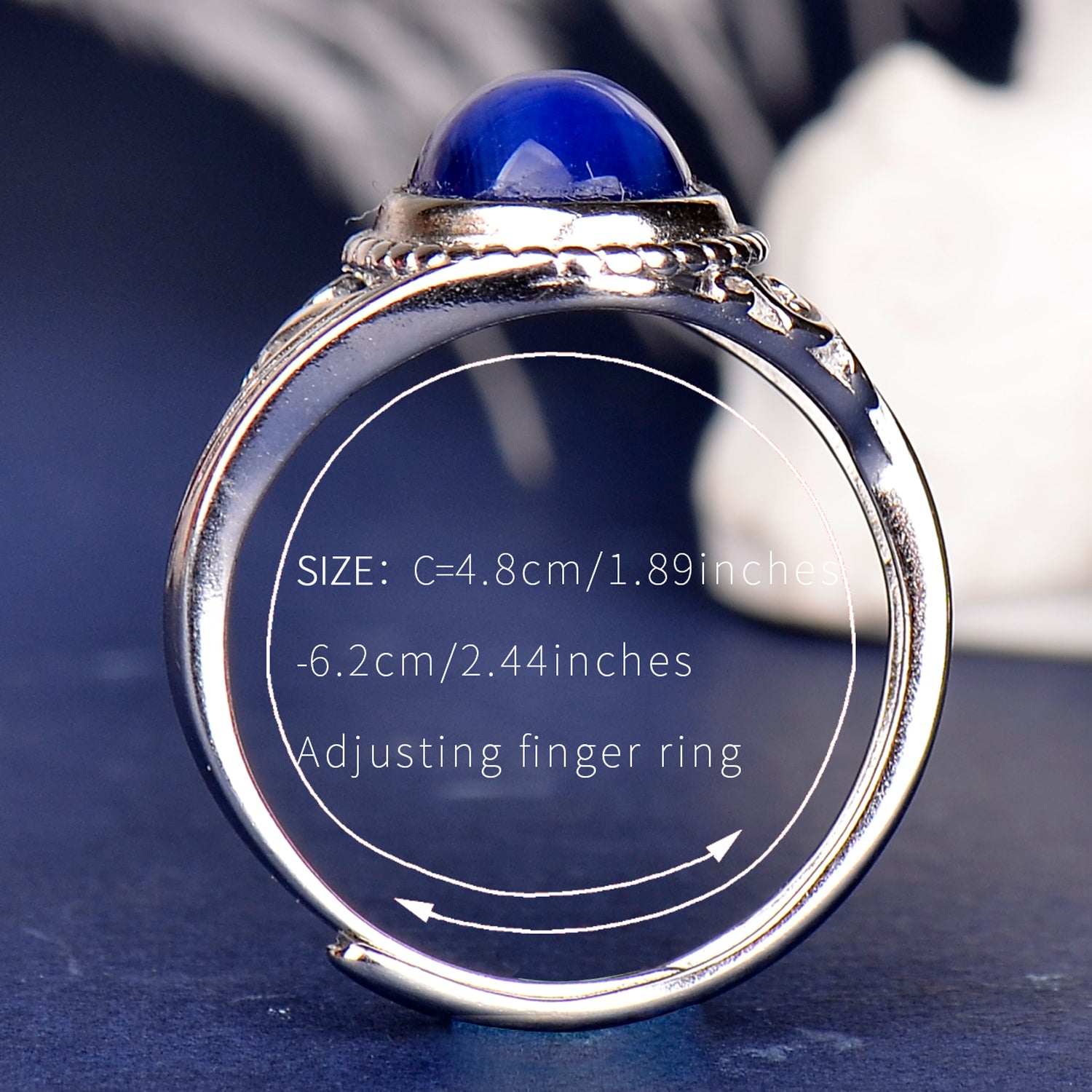 Elegant Synthetic Blue Star Sapphire Ring in 925 Sterling Silver, Adjustable Oval Gemstone Ring for Women, Luxury Gift for Wife & Mom