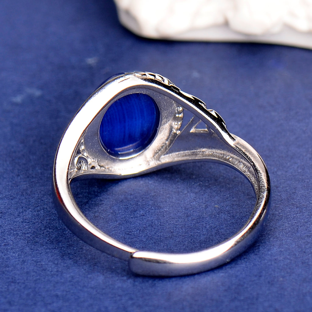 Elegant Synthetic Blue Star Sapphire Ring in 925 Sterling Silver, Adjustable Oval Gemstone Ring for Women, Luxury Gift for Wife & Mom
