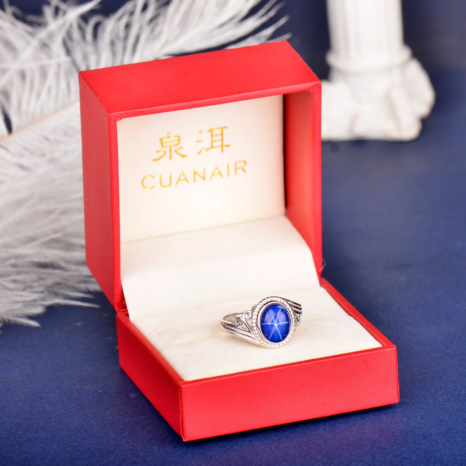 Elegant Synthetic Blue Star Sapphire Ring in 925 Sterling Silver, Adjustable Oval Gemstone Ring for Women, Luxury Gift for Wife & Mom