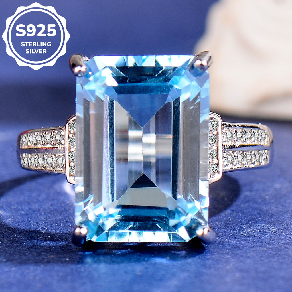 Elegant Blue Topaz Ring in 925 Sterling Silver - Large Emerald Cut Adjustable Gemstone Ring with Cubic Zirconia, Luxury Fashion Jewelry Gift for Women