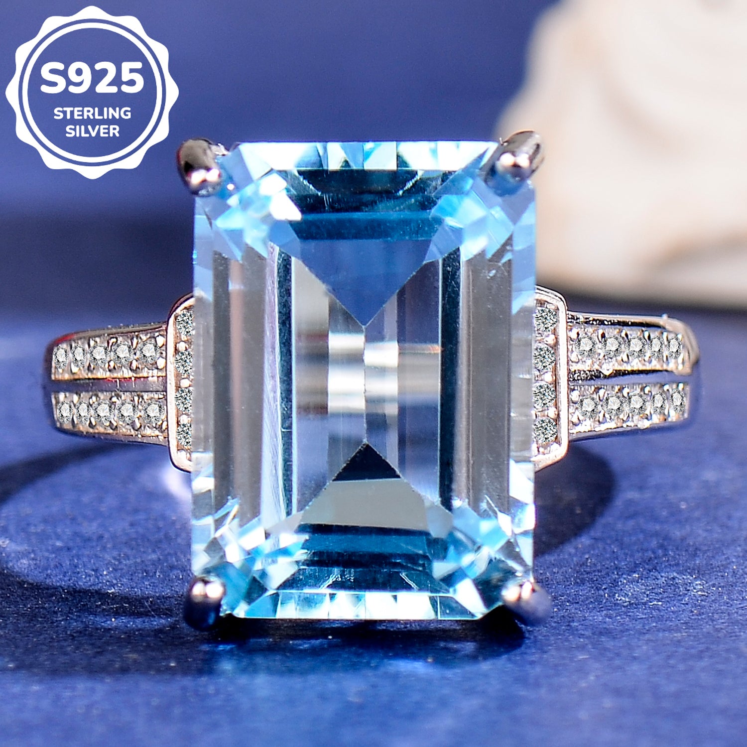 Elegant Blue Topaz Ring in 925 Sterling Silver - Large Emerald Cut Adjustable Gemstone Ring with Cubic Zirconia, Luxury Fashion Jewelry Gift for Women