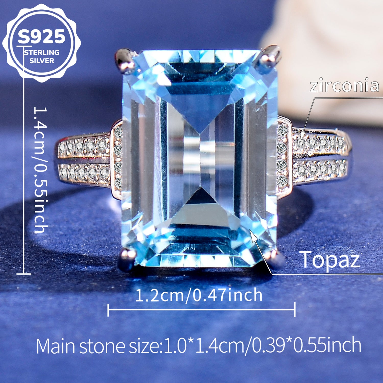 Elegant Blue Topaz Ring in 925 Sterling Silver - Large Emerald Cut Adjustable Gemstone Ring with Cubic Zirconia, Luxury Fashion Jewelry Gift for Women