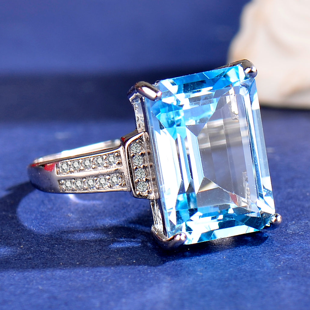 Elegant Blue Topaz Ring in 925 Sterling Silver - Large Emerald Cut Adjustable Gemstone Ring with Cubic Zirconia, Luxury Fashion Jewelry Gift for Women