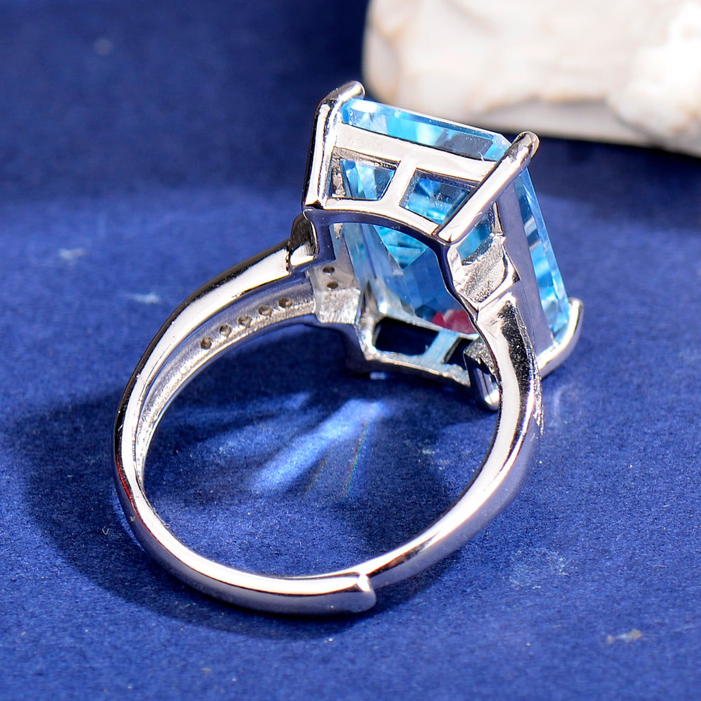 Elegant Blue Topaz Ring in 925 Sterling Silver - Large Emerald Cut Adjustable Gemstone Ring with Cubic Zirconia, Luxury Fashion Jewelry Gift for Women