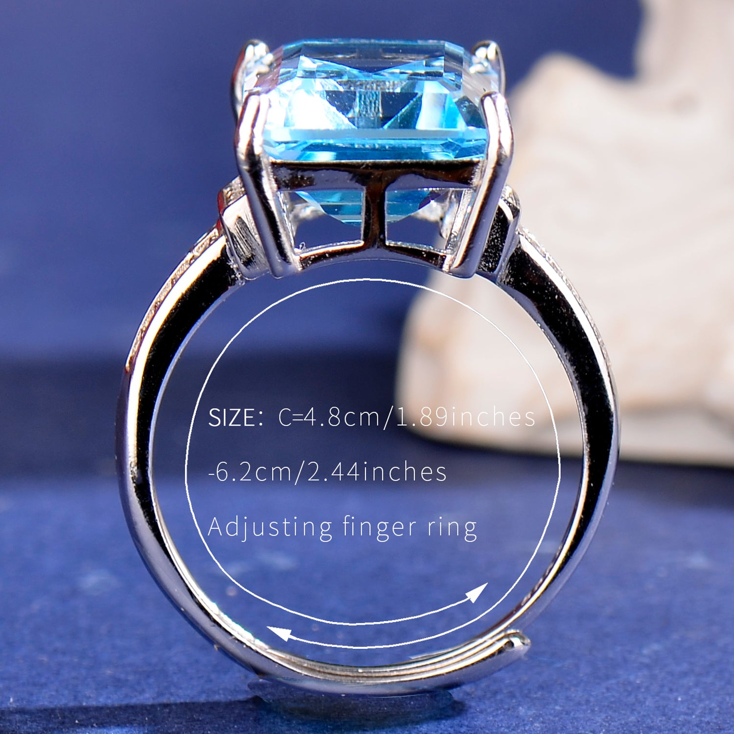 Elegant Blue Topaz Ring in 925 Sterling Silver - Large Emerald Cut Adjustable Gemstone Ring with Cubic Zirconia, Luxury Fashion Jewelry Gift for Women