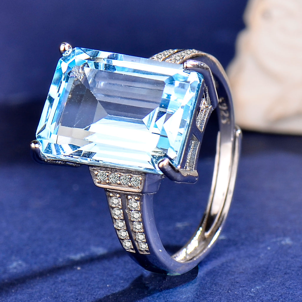 Elegant Blue Topaz Ring in 925 Sterling Silver - Large Emerald Cut Adjustable Gemstone Ring with Cubic Zirconia, Luxury Fashion Jewelry Gift for Women