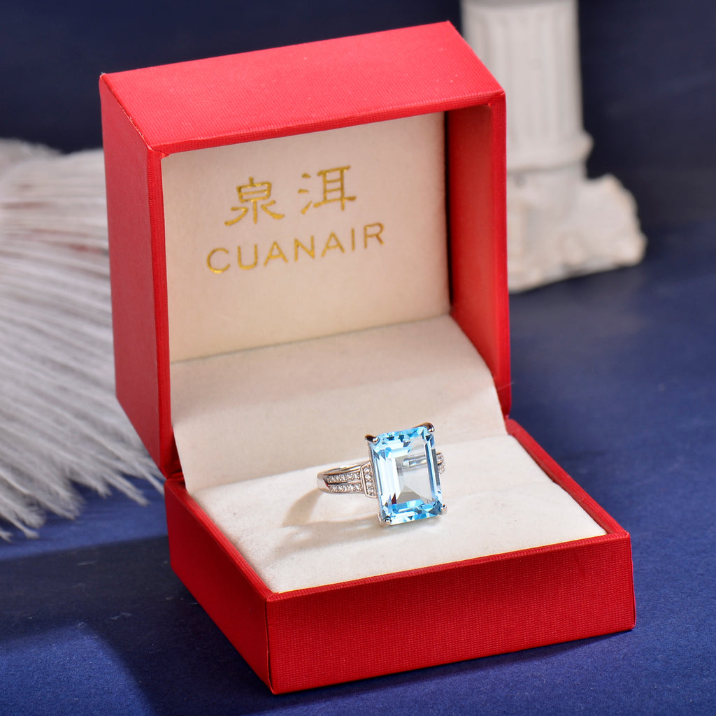 Elegant Blue Topaz Ring in 925 Sterling Silver - Large Emerald Cut Adjustable Gemstone Ring with Cubic Zirconia, Luxury Fashion Jewelry Gift for Women
