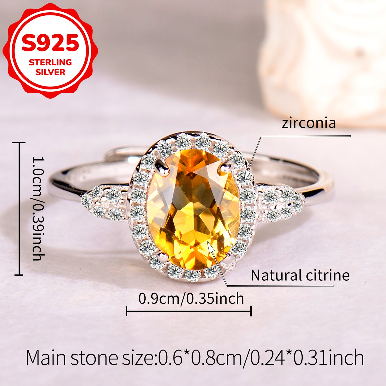 Natural Gemstone Ring 925 Sterling Silver Adjustable Halo Rings for Women - Citrine, Amethyst, Garnet, Blue Topaz | Elegant Mother's Day, Valentine's Day Jewelry Gift for Mom