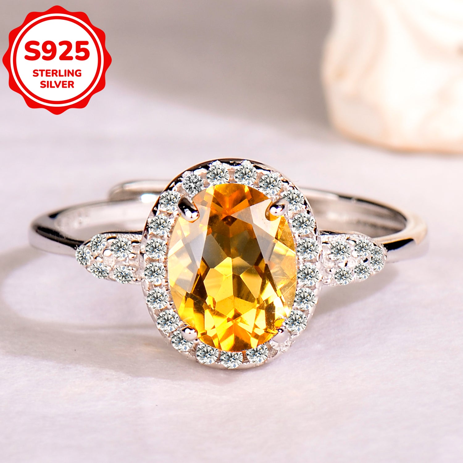 Natural Gemstone Ring 925 Sterling Silver Adjustable Halo Rings for Women - Citrine, Amethyst, Garnet, Blue Topaz | Elegant Mother's Day, Valentine's Day Jewelry Gift for Mom