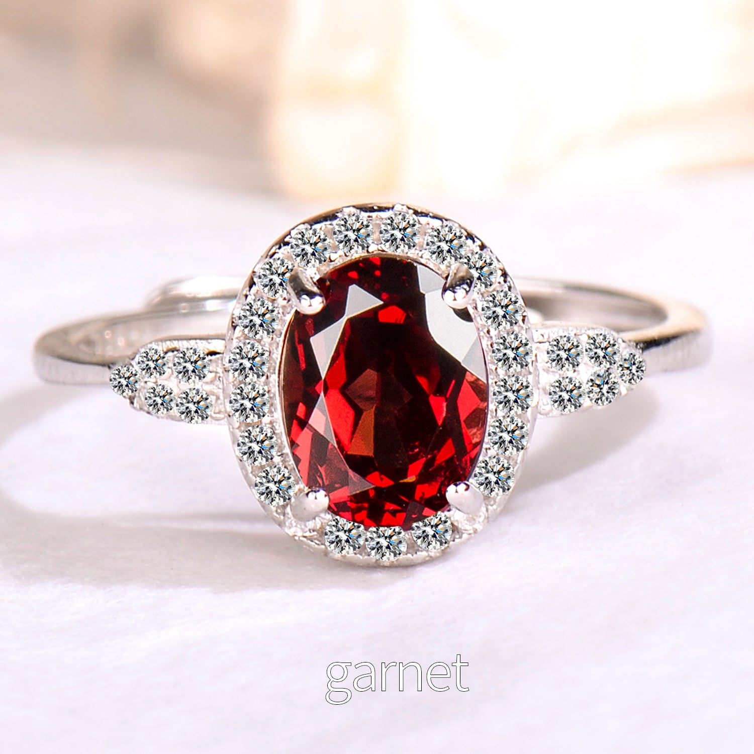 Natural Gemstone Ring 925 Sterling Silver Adjustable Halo Rings for Women - Citrine, Amethyst, Garnet, Blue Topaz | Elegant Mother's Day, Valentine's Day Jewelry Gift for Mom