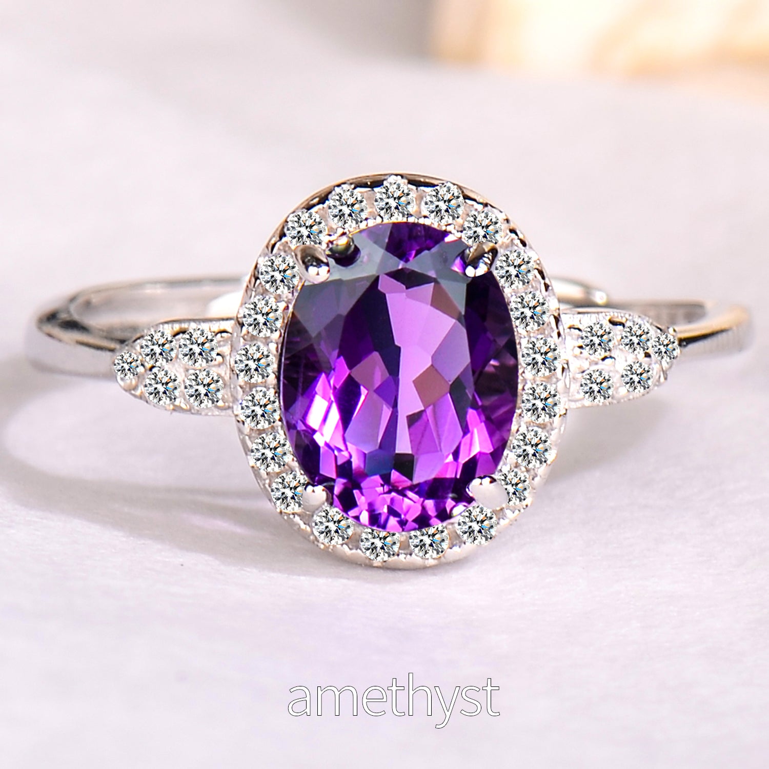 Natural Gemstone Ring 925 Sterling Silver Adjustable Halo Rings for Women - Citrine, Amethyst, Garnet, Blue Topaz | Elegant Mother's Day, Valentine's Day Jewelry Gift for Mom