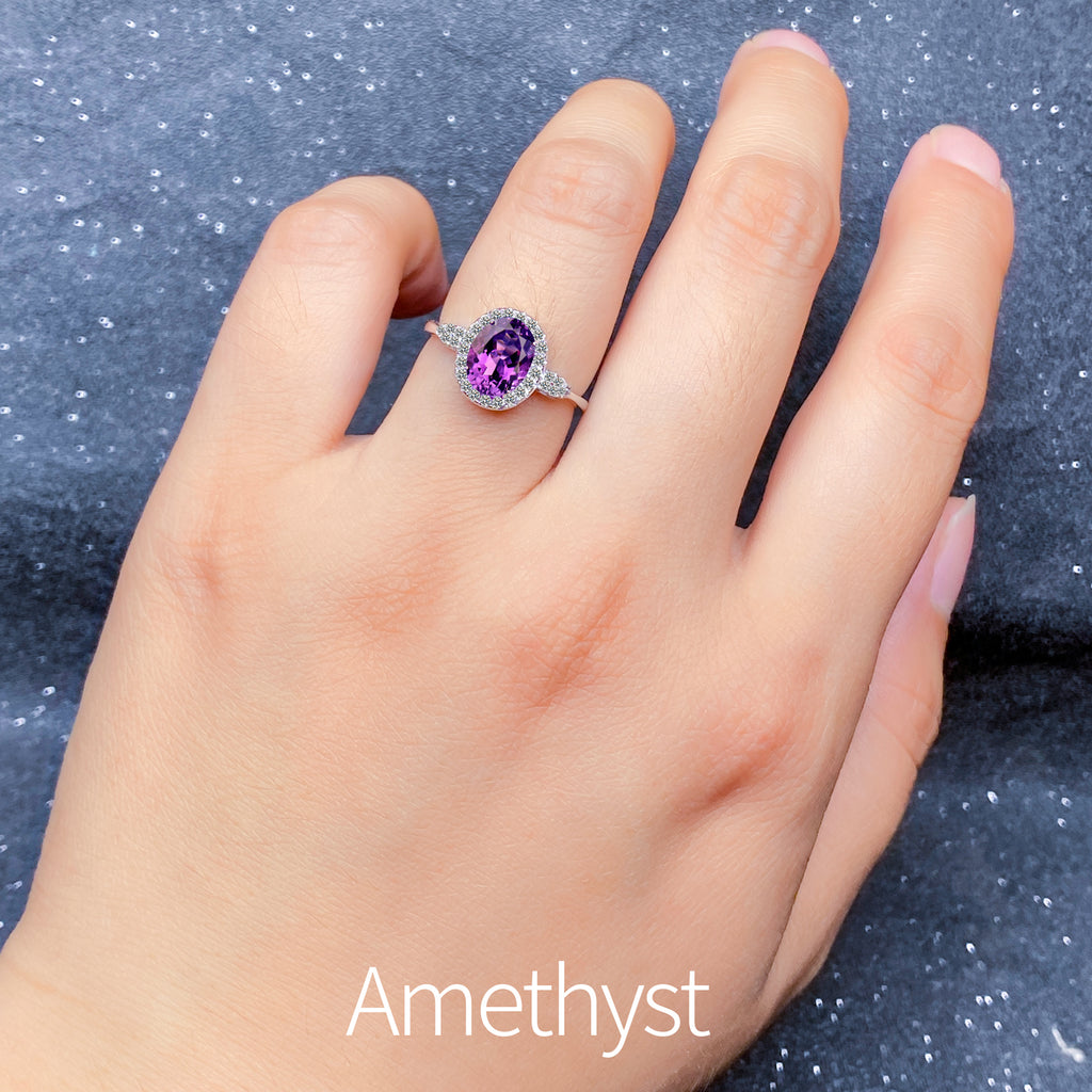 Natural Gemstone Ring 925 Sterling Silver Adjustable Halo Rings for Women - Citrine, Amethyst, Garnet, Blue Topaz | Elegant Mother's Day, Valentine's Day Jewelry Gift for Mom