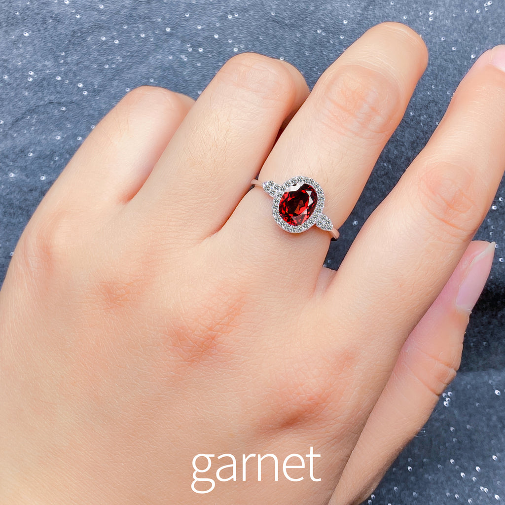 Natural Gemstone Ring 925 Sterling Silver Adjustable Halo Rings for Women - Citrine, Amethyst, Garnet, Blue Topaz | Elegant Mother's Day, Valentine's Day Jewelry Gift for Mom
