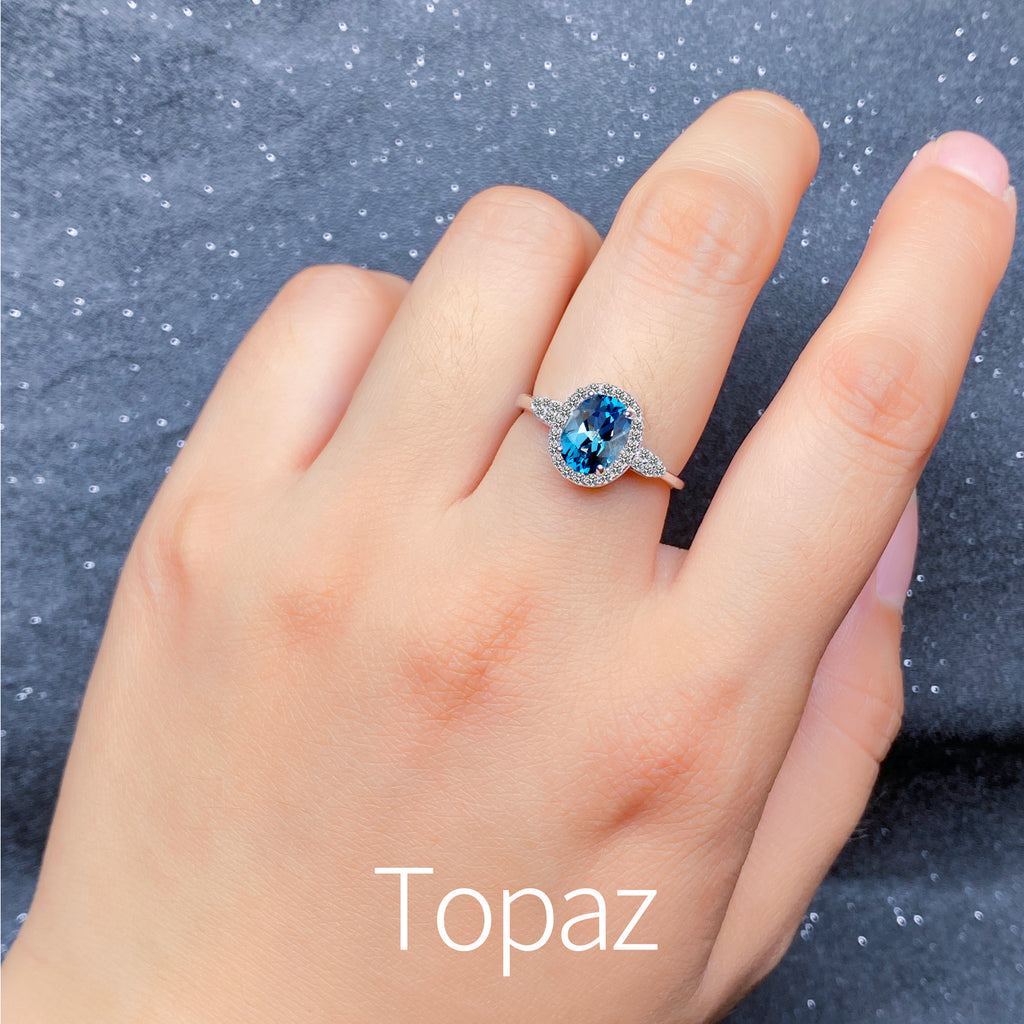 Natural Gemstone Ring 925 Sterling Silver Adjustable Halo Rings for Women - Citrine, Amethyst, Garnet, Blue Topaz | Elegant Mother's Day, Valentine's Day Jewelry Gift for Mom
