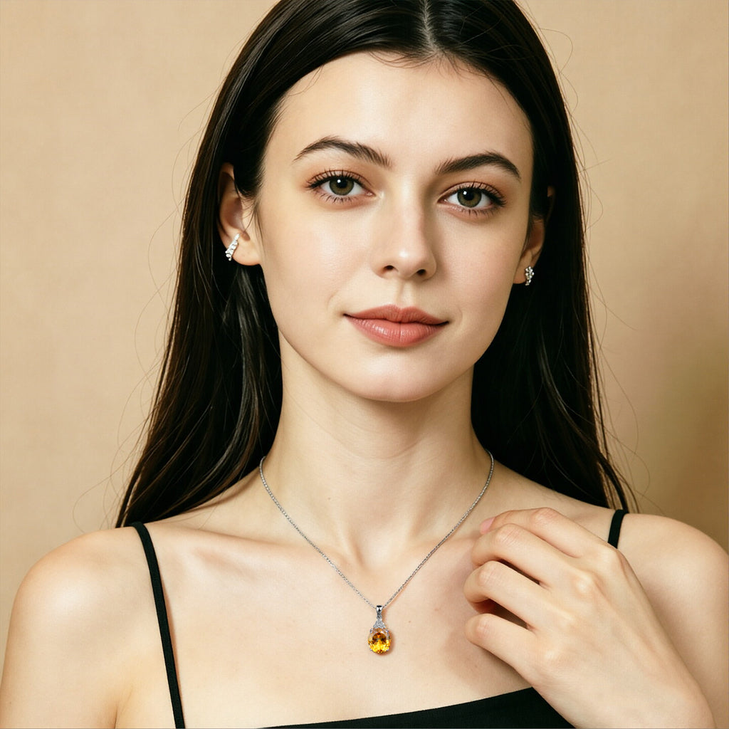 S925 Sterling Silver Natural Citrine Oval Pendant Necklace with Zirconia | Elegant Birthday, Valentine's & Mother's Day Jewelry Gift for Women