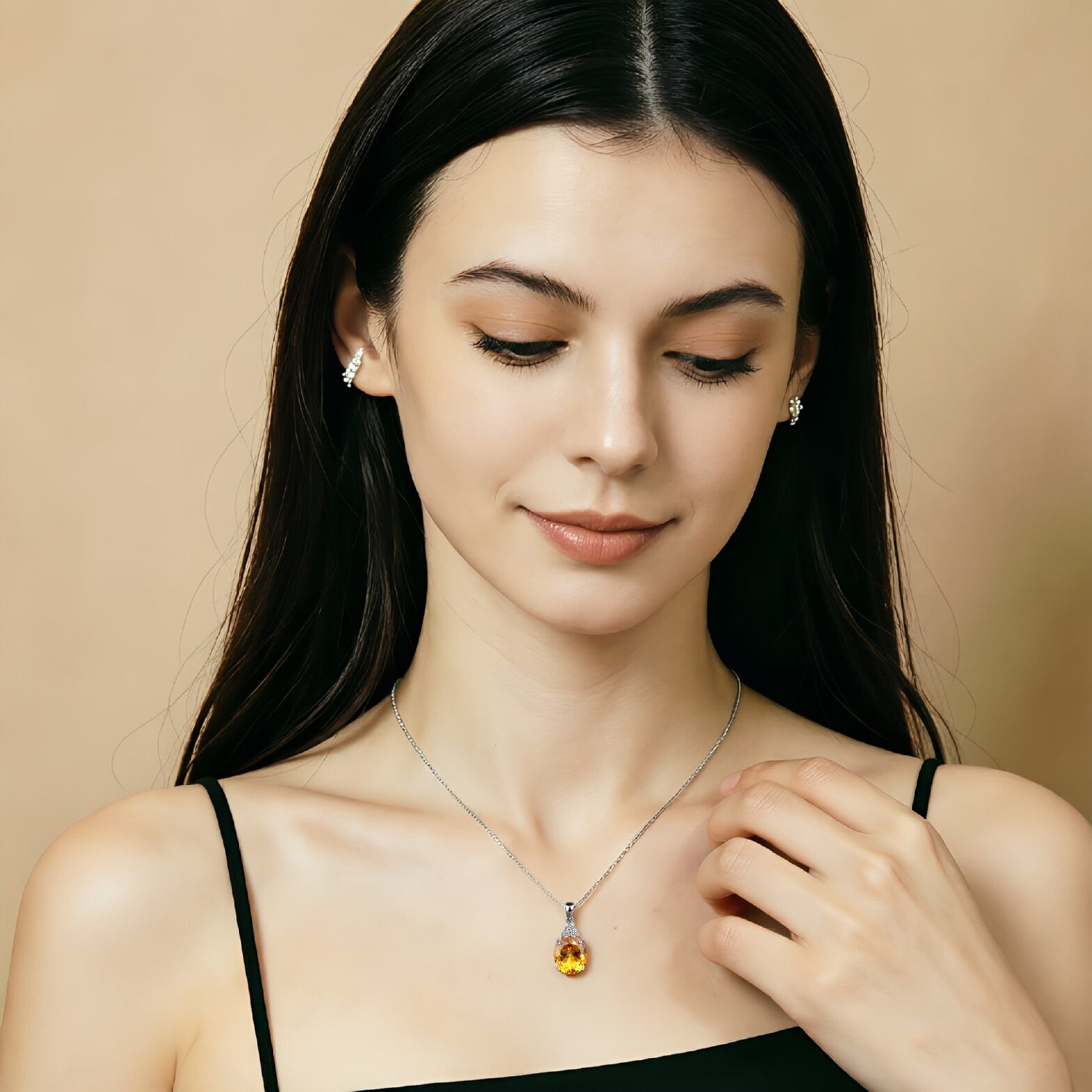 S925 Sterling Silver Natural Citrine Oval Pendant Necklace with Zirconia | Elegant Birthday, Valentine's & Mother's Day Jewelry Gift for Women