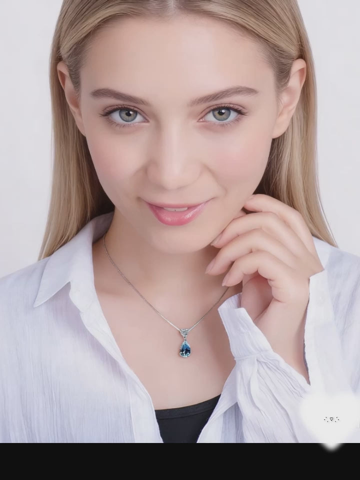 925 Sterling Silver Blue Topaz Teardrop Pendant Necklace for Women - Elegant Heart Design Crystal Jewelry Adjustable 16-18 Inch Chain Gift for Her, Valentine’s Day, Mother’s Day, Christmas