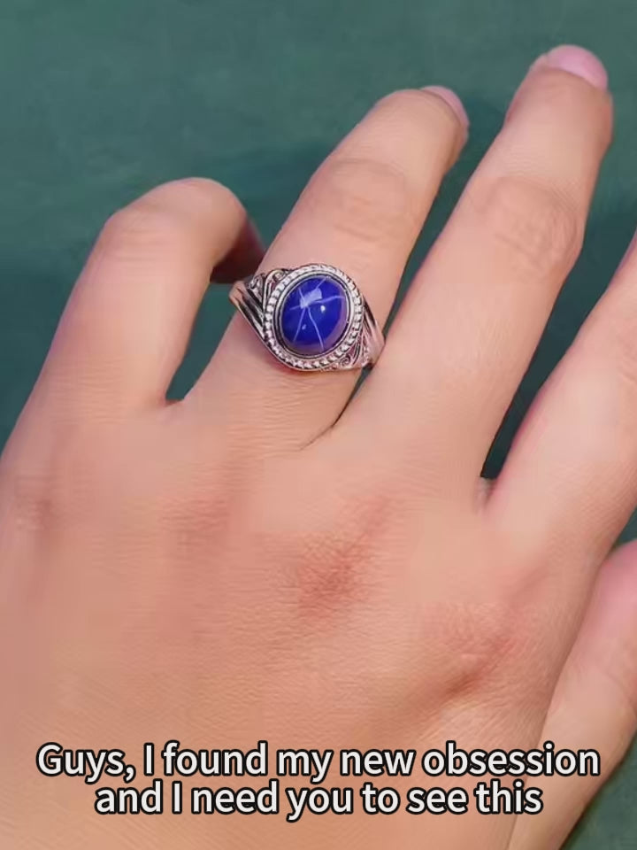 Elegant Synthetic Blue Star Sapphire Ring in 925 Sterling Silver, Adjustable Oval Gemstone Ring for Women, Luxury Gift for Wife & Mom