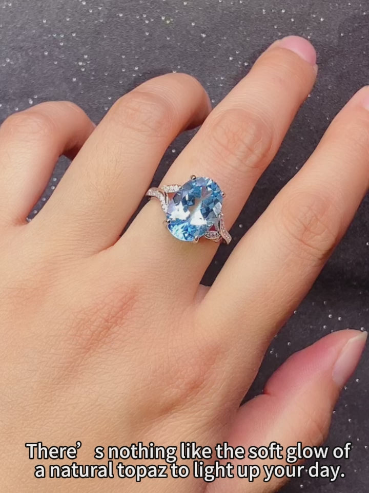 Natural Blue Topaz Ring, 925 Sterling Silver Adjustable Gemstone Statement Ring with Cubic Zirconia Accent, Elegant Anniversary & Birthday Gift for Her