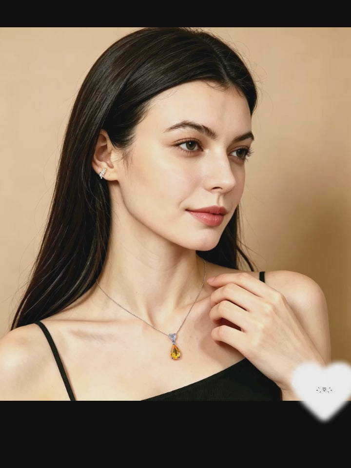 S925 Sterling Silver Citrine Heart and Teardrop Pendant Necklace for Women | Elegant Birthday, Valentine's & Mother's Day Jewelry Gift