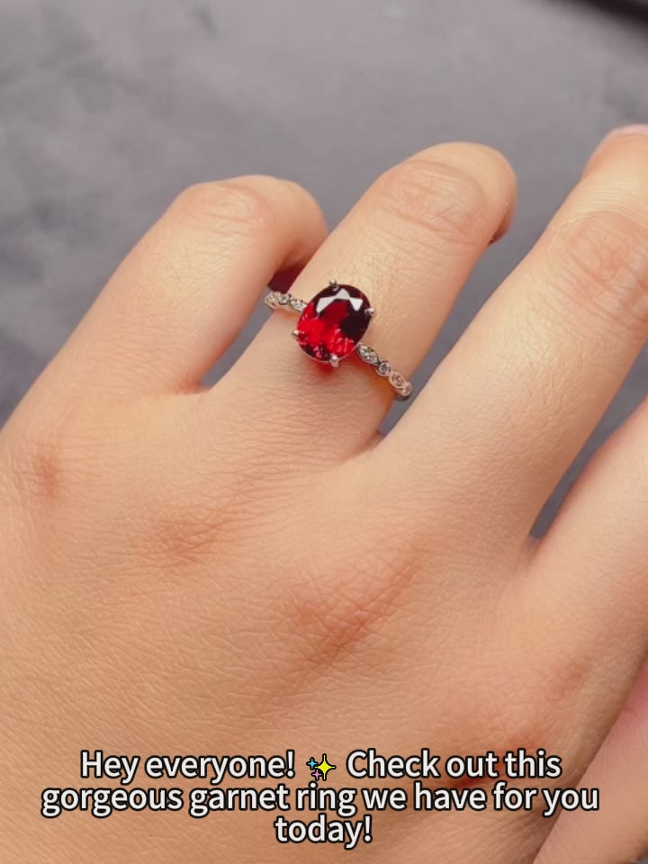 Luxury 925 Sterling Silver Natural Garnet Adjustable Ring for Women | Elegant Oval Gemstone Open Ring Jewelry Gift