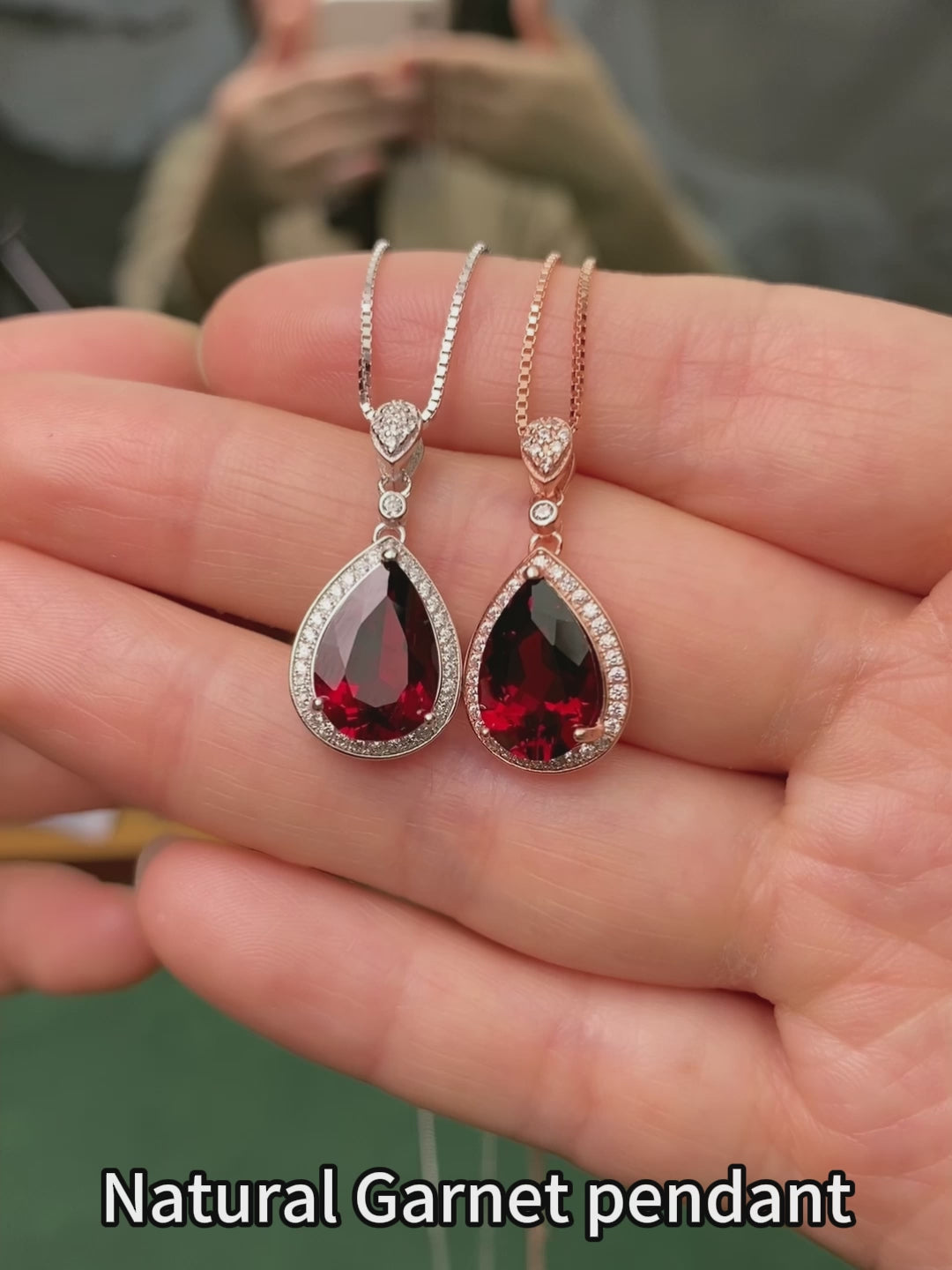 925 Sterling Silver Natural Garnet Teardrop Pendant Necklace for Women – Rose Gold & Silver Tone Elegant Dainty Birthstone Necklace – Gift for Her, Birthday, Valentine’s Day, Christmas