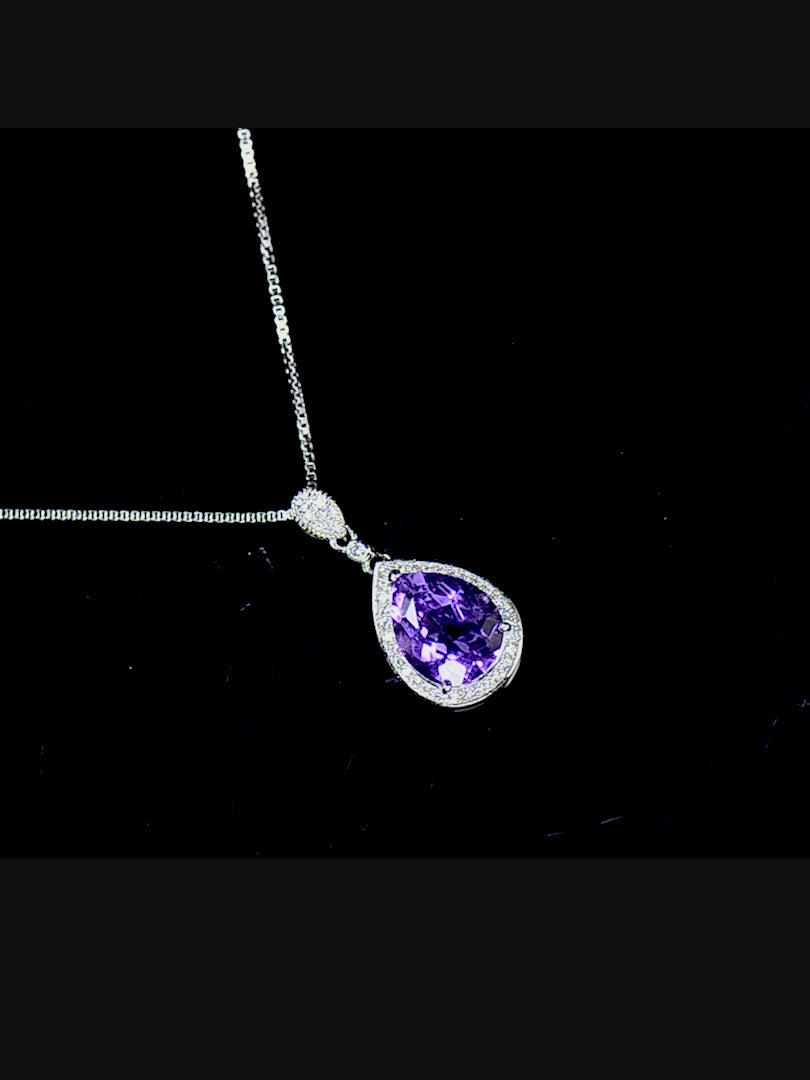 925 Sterling Silver Natural Amethyst Pendant Necklace for Women | Pear Cut Gemstone Halo Necklace | Elegant Gift for Her
