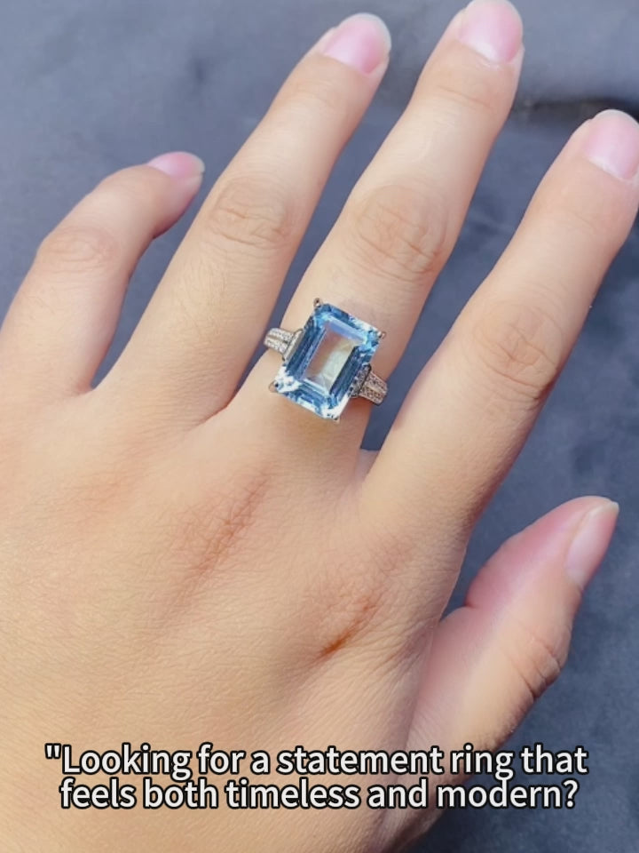 Elegant Blue Topaz Ring in 925 Sterling Silver - Large Emerald Cut Adjustable Gemstone Ring with Cubic Zirconia, Luxury Fashion Jewelry Gift for Women