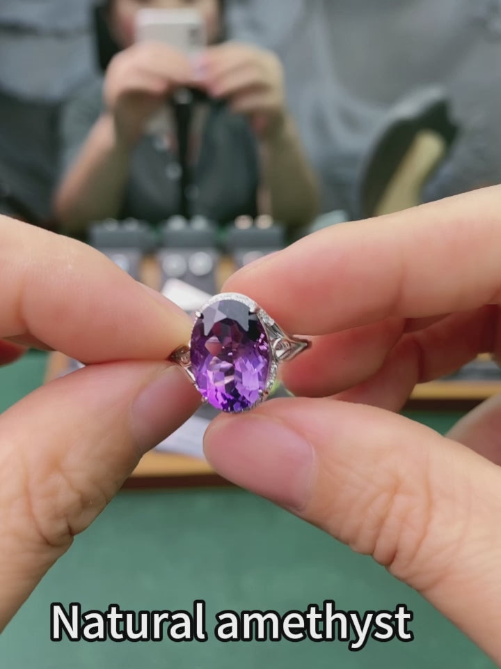 Natural Amethyst Ring for Women, 925 Sterling Silver Adjustable Gemstone Ring, Elegant Minimalist Purple Crystal Jewelry Gift for Anniversary, Birthday & Valentine's Day