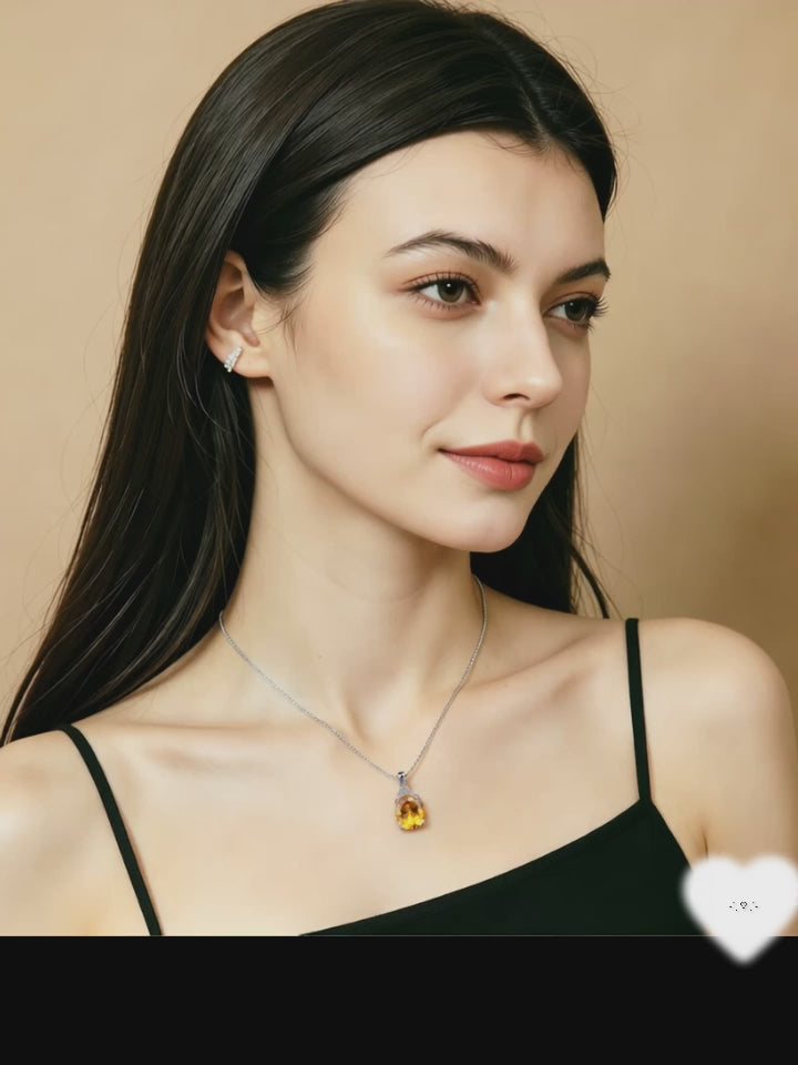 S925 Sterling Silver Natural Citrine Oval Pendant Necklace with Zirconia | Elegant Birthday, Valentine's & Mother's Day Jewelry Gift for Women