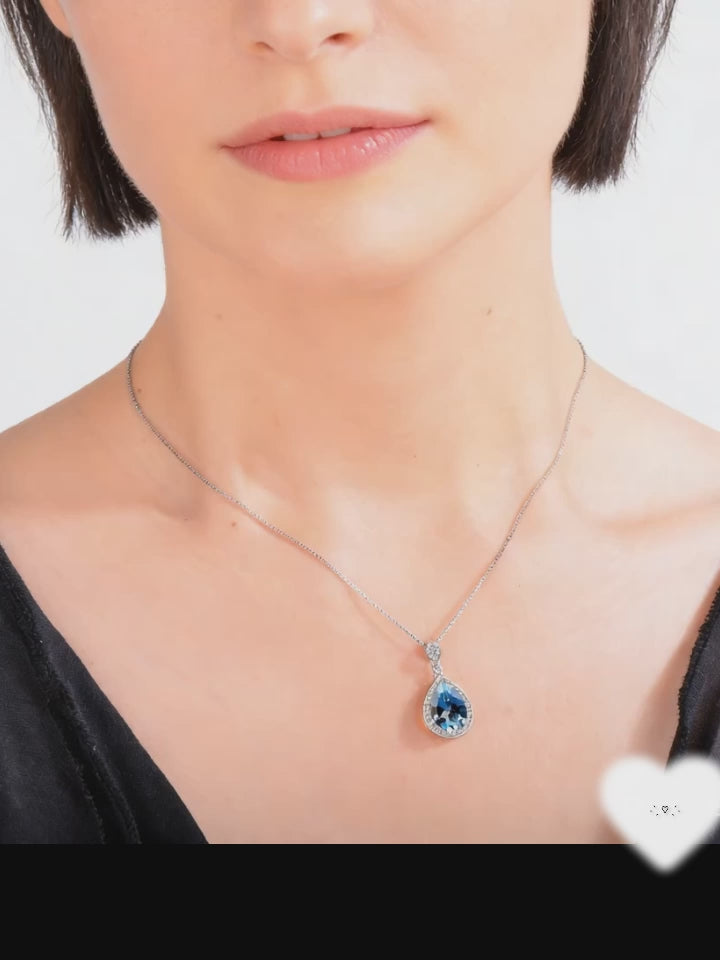 Natural Blue Topaz Teardrop Pendant Necklace in S925 Sterling Silver – Elegant Sky Blue Gemstone Jewelry for Women, Dainty Halo Design Gift for Her