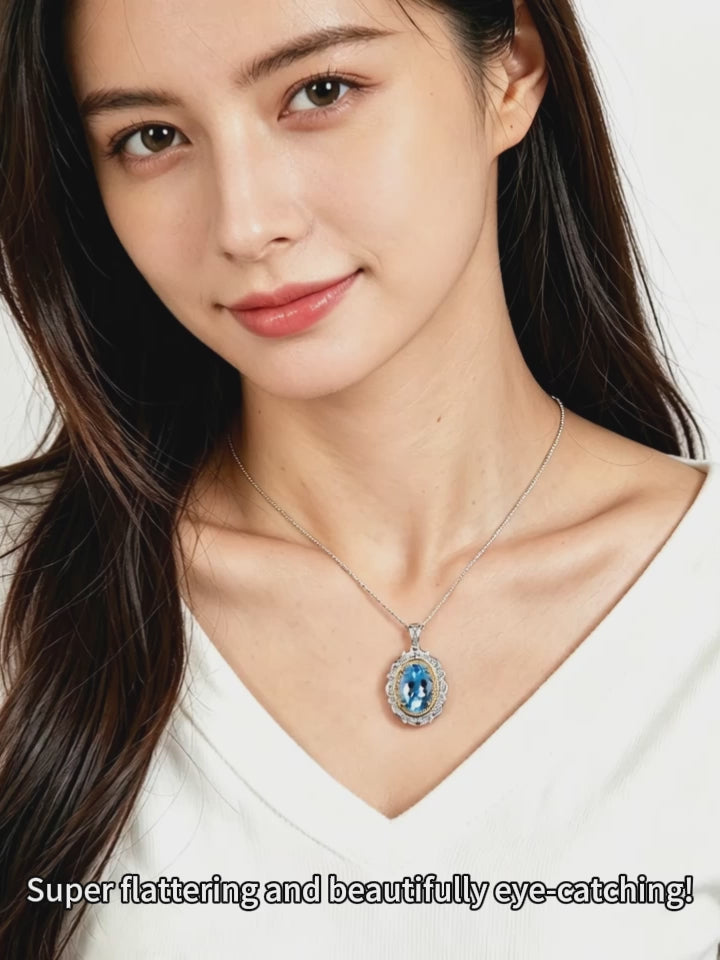 Natural Blue Topaz Oval Pendant Necklace in S925 Sterling Silver – Elegant Sky Blue Gemstone Halo Necklace for Women – Gift for Birthday, Anniversary & Christmas