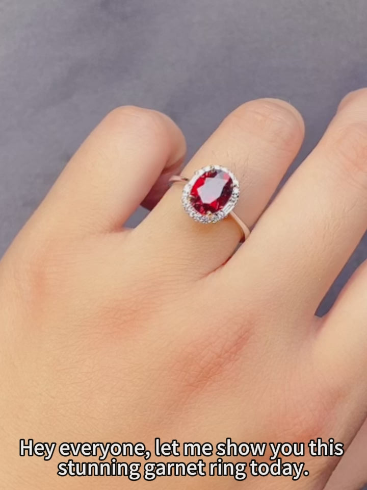 Natural Red Garnet Halo Ring, 925 Sterling Silver Adjustable Gemstone Ring with Cubic Zirconia, Fine Jewelry Gift for Wife, Mother & Girlfriend