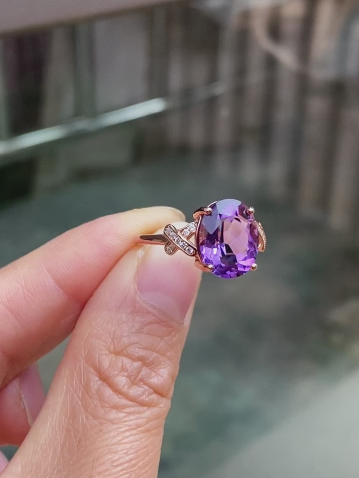 Elegant Natural Amethyst Ring in 925 Sterling Silver, Adjustable Oval Crystal Statement Ring for Women, Luxury Jewelry Gift